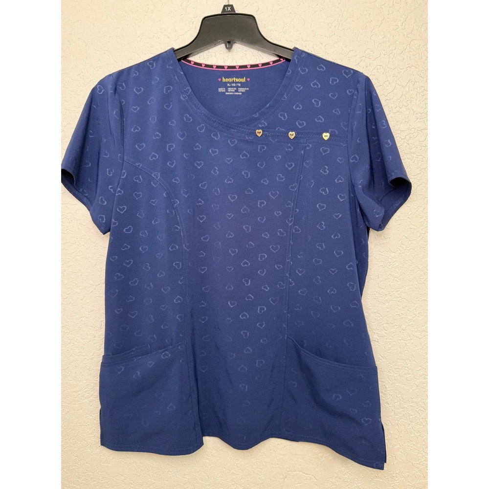 Heartsoul Womens XL Navy Blue Heart Jacquard Mock Wrap Scrub Top